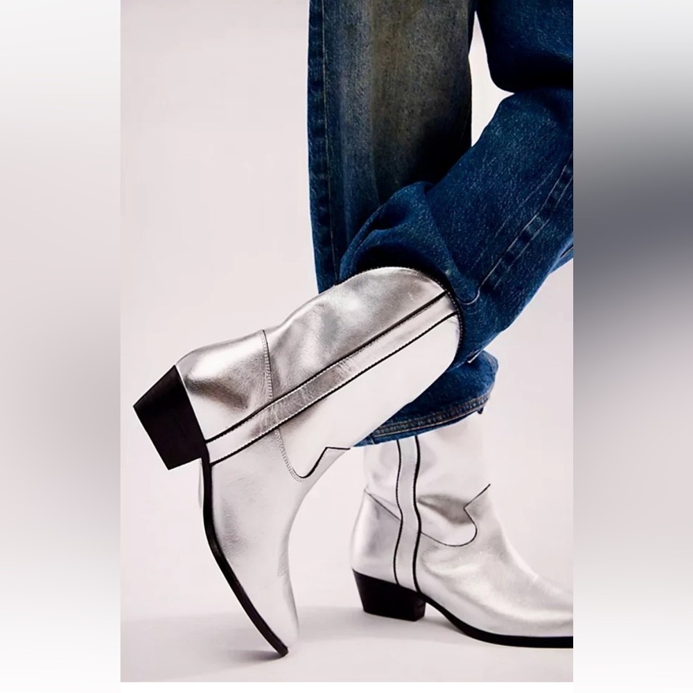 Free People Borderline Western Boot Gunmetal Silver Metallic Zipper